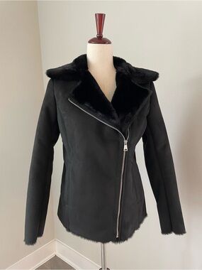 Ralph Lauren Faux Shearling Leather Jacket Plush Zip Size XS Black